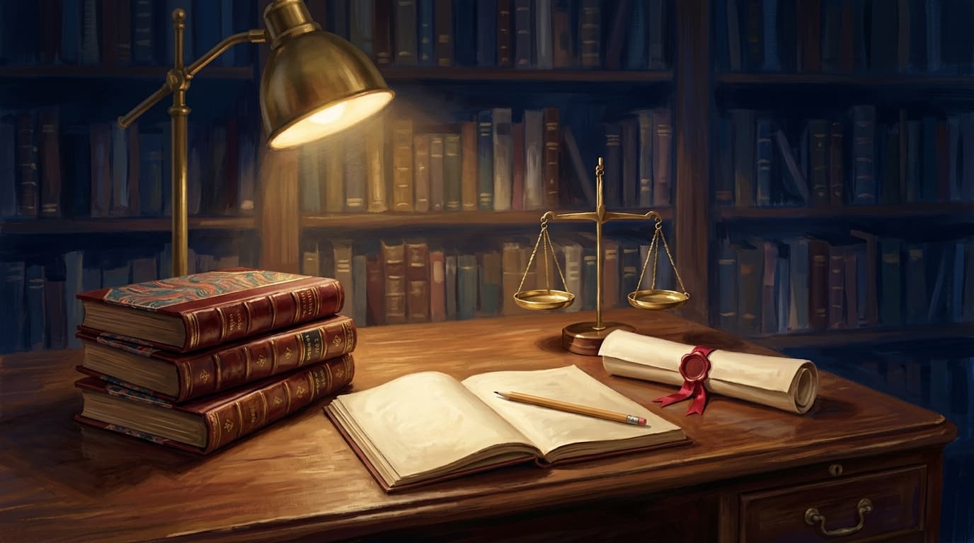 Painterly illustration of a college library desk: a stack of leather-bound books, a brass desk lamp casting a single dramatic pool of warm light, an open exam booklet, a small brass scale of justice, and a rolled diploma scroll tied with red ribbon