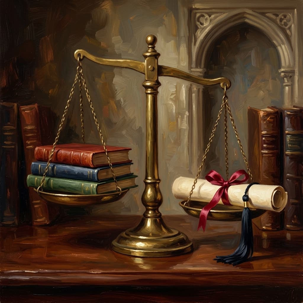 Painterly still-life of a brass balance scale on a wooden surface: textbooks bound in red, navy, and forest green on the left pan, a rolled diploma scroll tied with red ribbon and a folded mortarboard tassel on the right pan; the scale tilts slightly toward the diploma