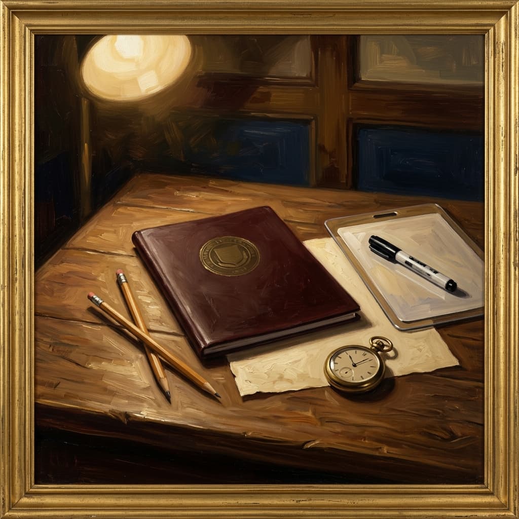 Painterly still-life of a CLEP exam-day desk: closed exam booklet with embossed seal, two crossed wooden pencils, a laminated note board, a brass pocket watch, and a sheet of cream scratch paper, lit by a single dramatic warm light