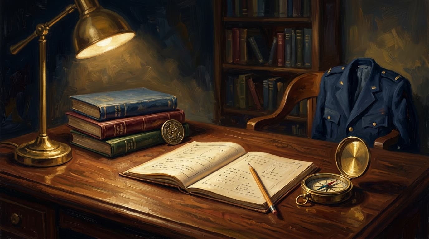 Painterly illustration of a walnut study desk: stacked technical and business books, brass desk lamp casting a single dramatic pool of warm light, an open exam booklet with a wooden pencil, a brass nautical compass, and a half-hidden bronze military coin
