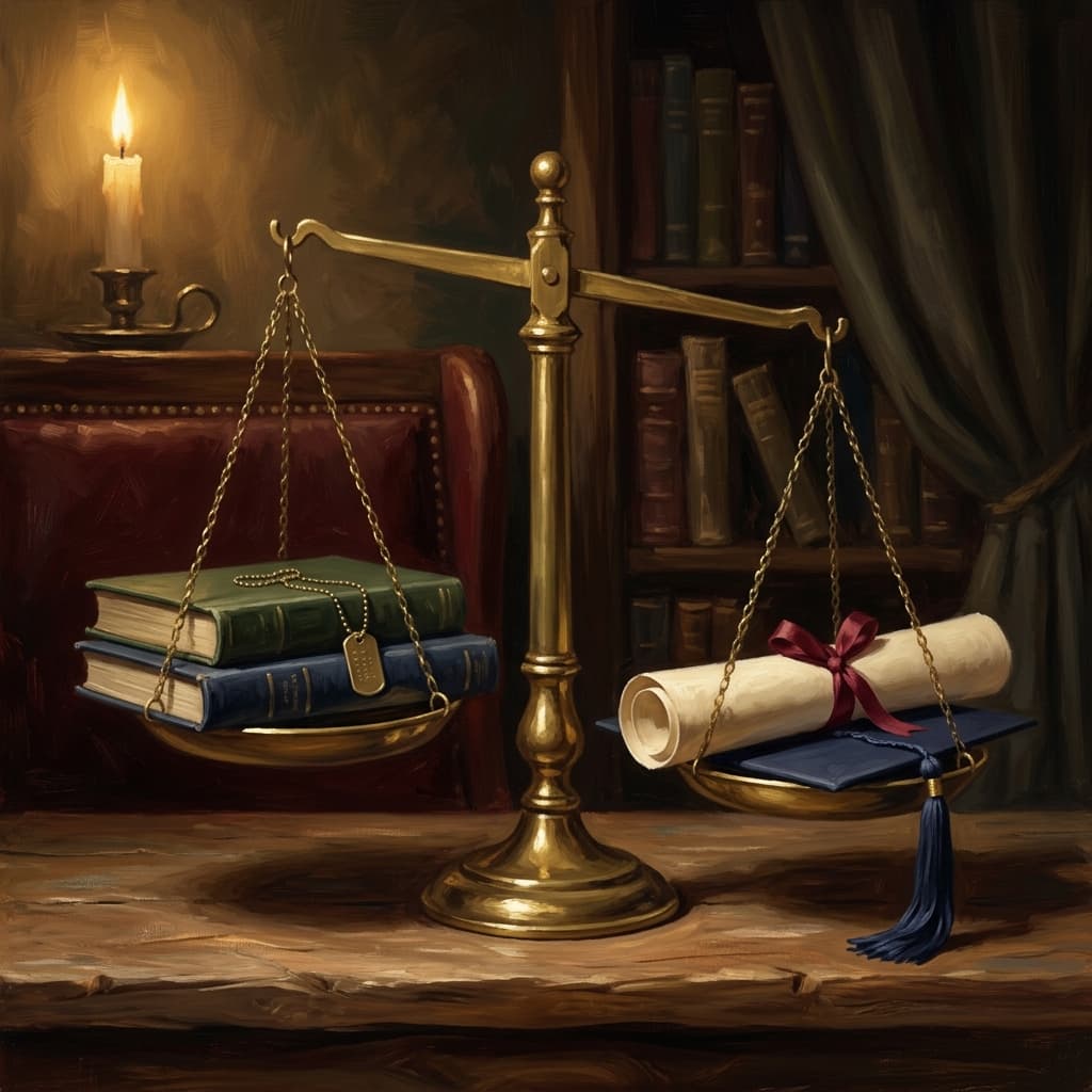 Painterly still-life of a brass balance scale on a wooden surface: a stack of business and technical textbooks bound in oxblood, forest green, and navy, with a brass dog-tag chain draped across them on the left pan; a rolled diploma scroll tied with red ribbon and a folded mortarboard tassel on the right pan