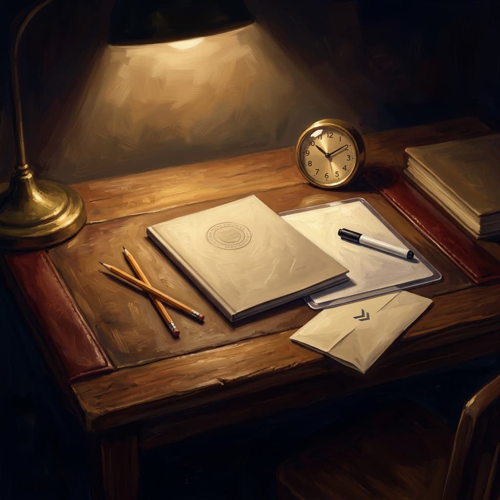 Painterly still-life of a DSST exam-day desk at a Prometric center: closed exam booklet with embossed seal, two crossed wooden pencils, laminated note board with dry-erase marker, a small brass desk clock, and a folded paper bearing a small chevron mark, lit by a single dramatic warm light