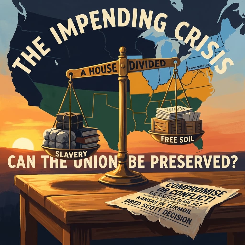 Painterly illustration of antebellum American political crisis: a brass balance scale at center catching dramatic light, a stylized map of the United States divided across the Mason-Dixon line behind it, and a torn broadside or pamphlet in the foreground