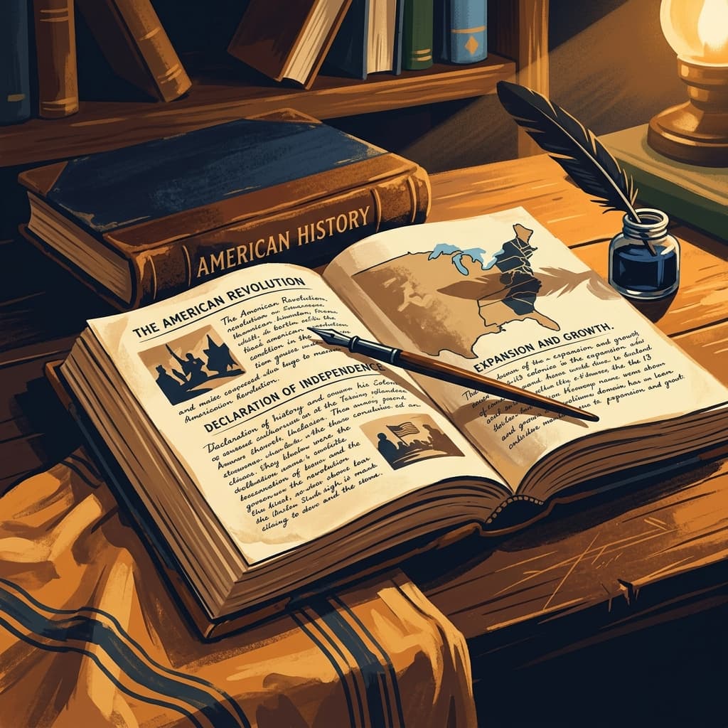Painterly still-life of an open antique American history book with a quill pen resting across it, lit by a single dramatic light source