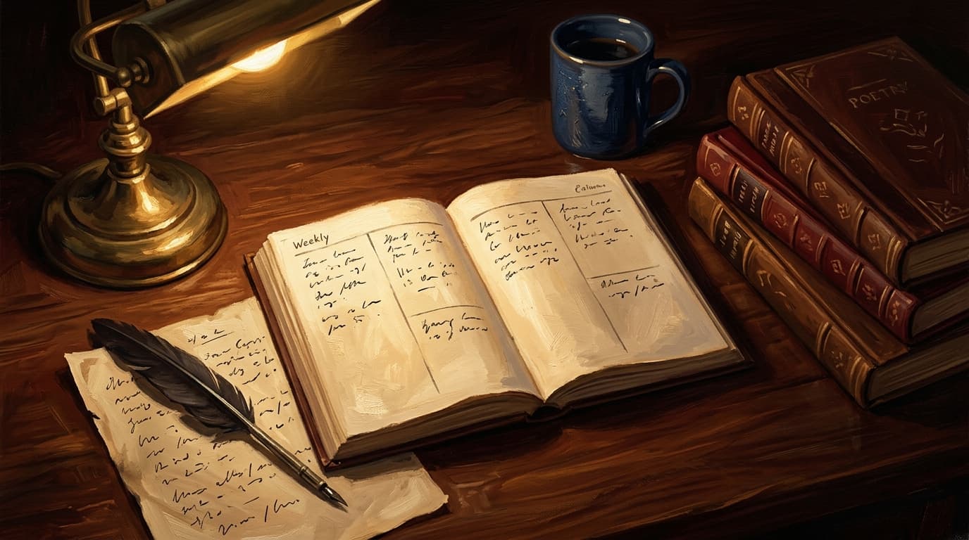 Painterly editorial illustration for "CLEP Analyzing and Interpreting Literature 30-hour study plan: a 4-week schedule built on cold-reading practice"
