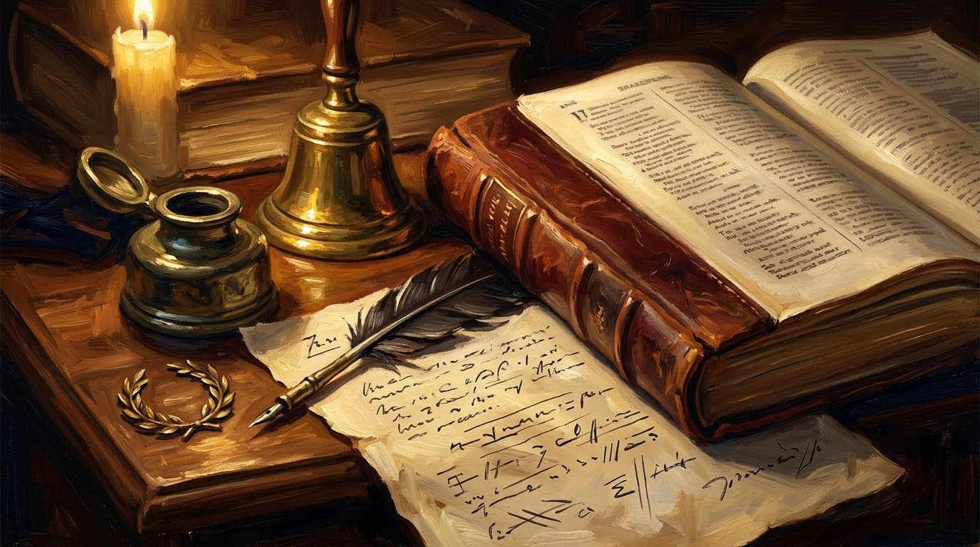 Painterly editorial illustration for "The drama section of CLEP Analyzing and Interpreting Literature: how to read a Shakespeare scene cold under exam pressure"