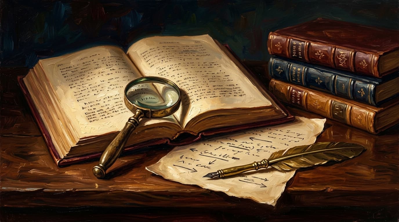 Painterly editorial illustration for "Literary devices on CLEP Analyzing and Interpreting Literature: the cross-genre vocabulary the exam asks about most"