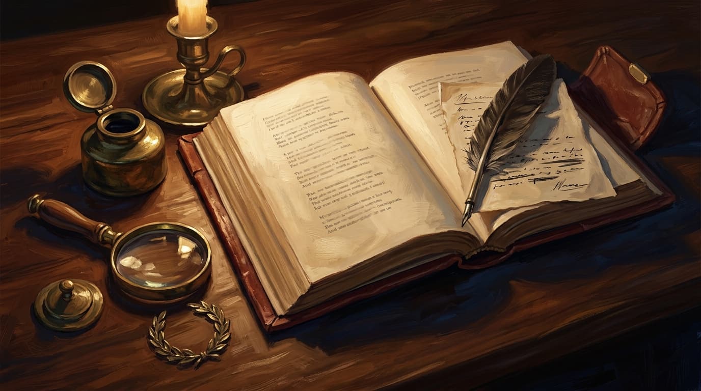 Painterly editorial illustration for "The poetry section of CLEP Analyzing and Interpreting Literature: how to read a cold poem under exam pressure"