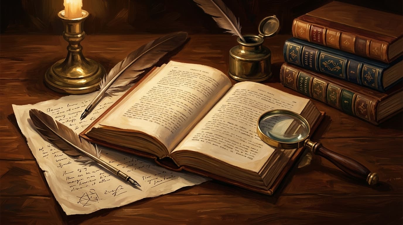 Painterly editorial illustration for "The prose fiction section of CLEP Analyzing and Interpreting Literature: reading a cold novel excerpt for the exam"