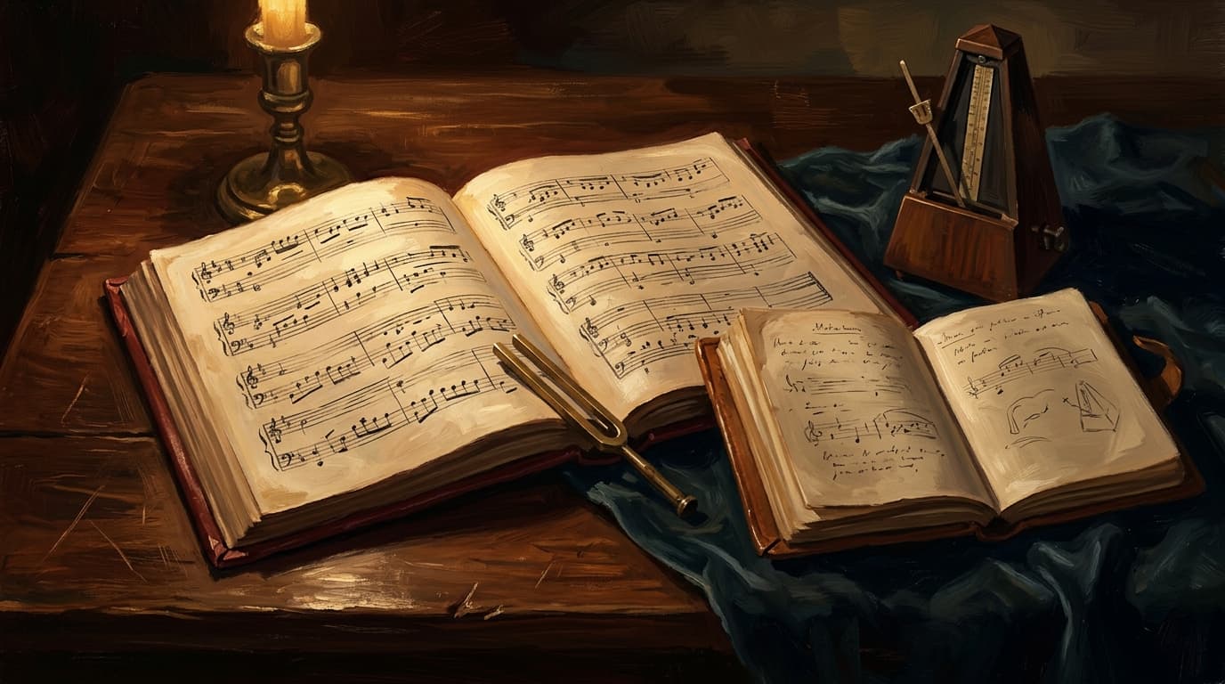 Painterly editorial illustration for "The music section of CLEP Humanities: 25 percent of the exam, the area most adults come in weakest"