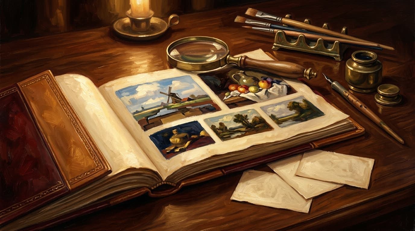 Painterly editorial illustration for "The visual arts section of CLEP Humanities: identifying canonical works on sight from Renaissance through Abstract Expressionism"