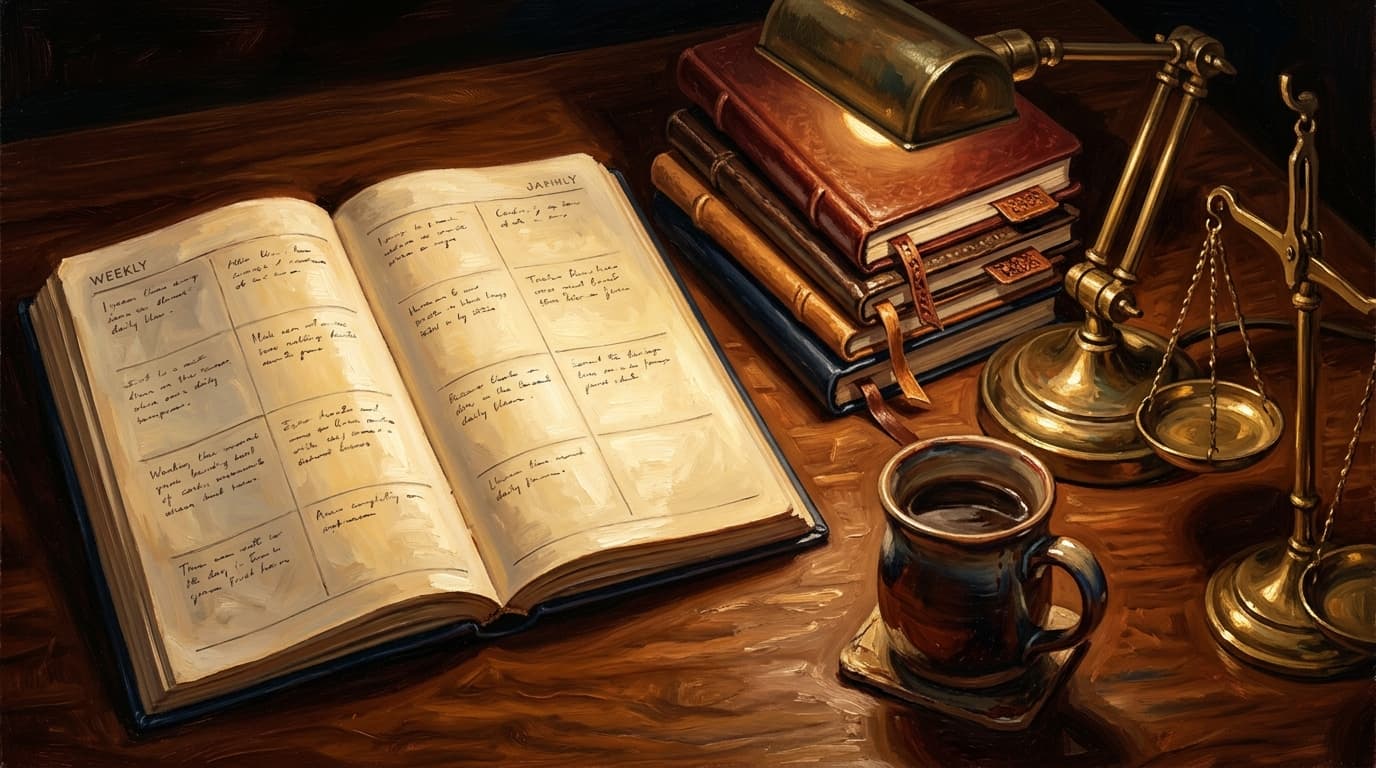 Painterly editorial illustration for "CLEP Principles of Management 30-hour study plan: a 4-week schedule that front-loads the four functions and the controlling section"