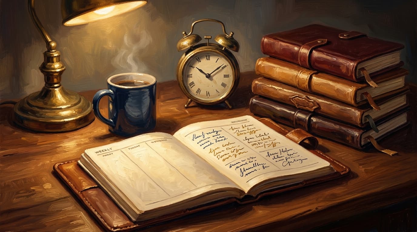 Painterly editorial illustration for "CLEP Social Sciences and History 40-hour study plan: a 5-week schedule across history, economics, sociology, and psychology"