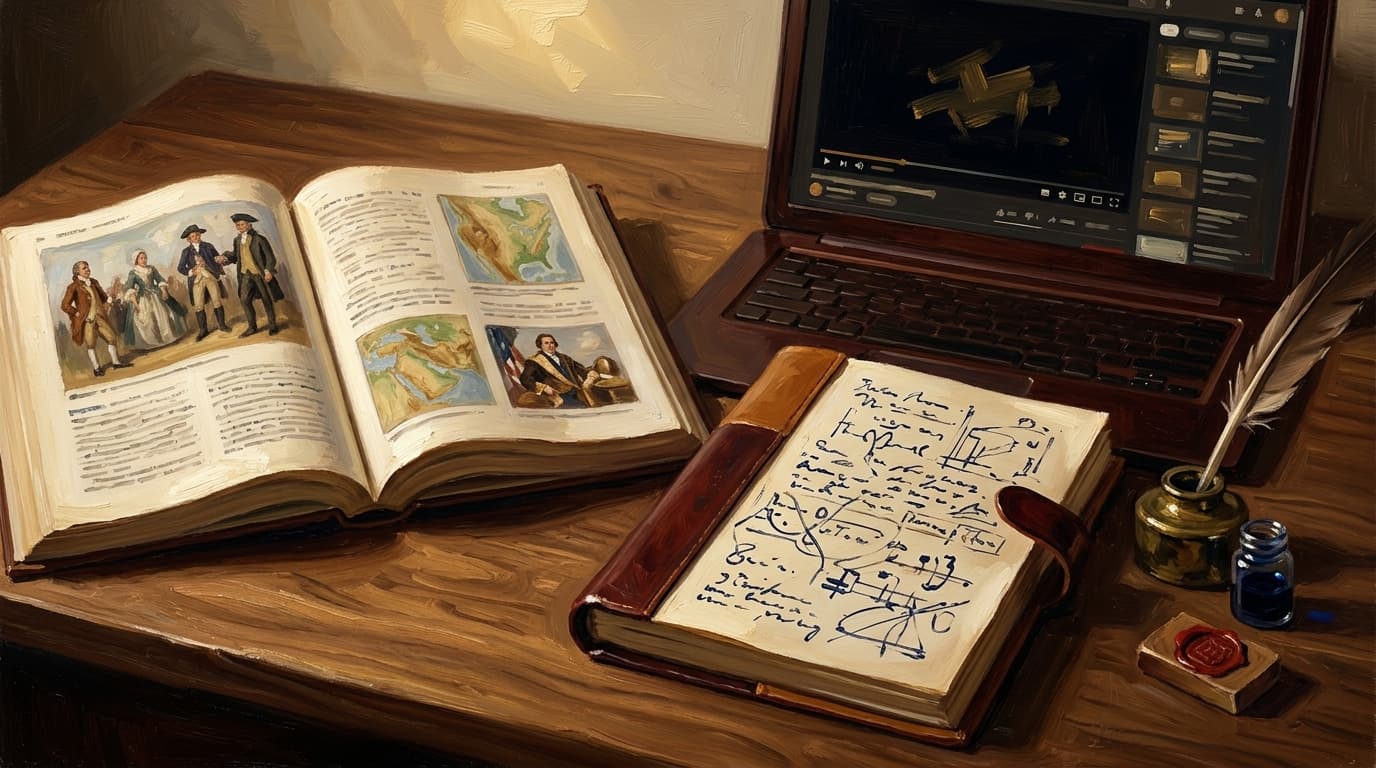 Painterly editorial illustration for "Best free resources for CLEP US History I (and what to skip)"