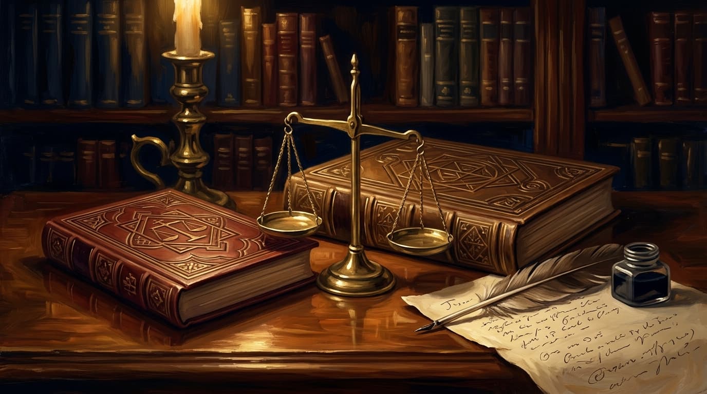 Painterly editorial illustration for "DSST Business Ethics and Society vs DSST Ethics in America: business-applied or philosophical-historical survey?"