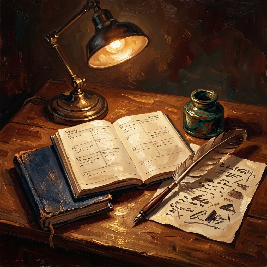 Painterly still-life of an open weekly planner showing four columns of abstract handwritten daily blocks catching dramatic warm light, a stack of three leather-bound poetry and prose volumes with abstract decorative spines beside it, a brass desk lamp glowing, a feather quill resting on a parchment with abstract handwritten close-reading notes, a ceramic coffee mug, on a polished walnut wooden surface