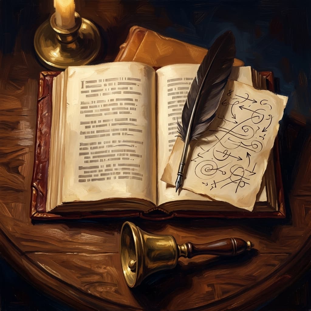 Painterly still-life of an open leather-bound folio of Shakespeare showing abstract printed verse lines catching dramatic warm light, a feather quill resting on a parchment with abstract handwritten close-reading annotations, a tarnished bronze inkwell, a brass theatrical-stage bell, a small bronze laurel-wreath emblem, on a polished walnut wooden surface