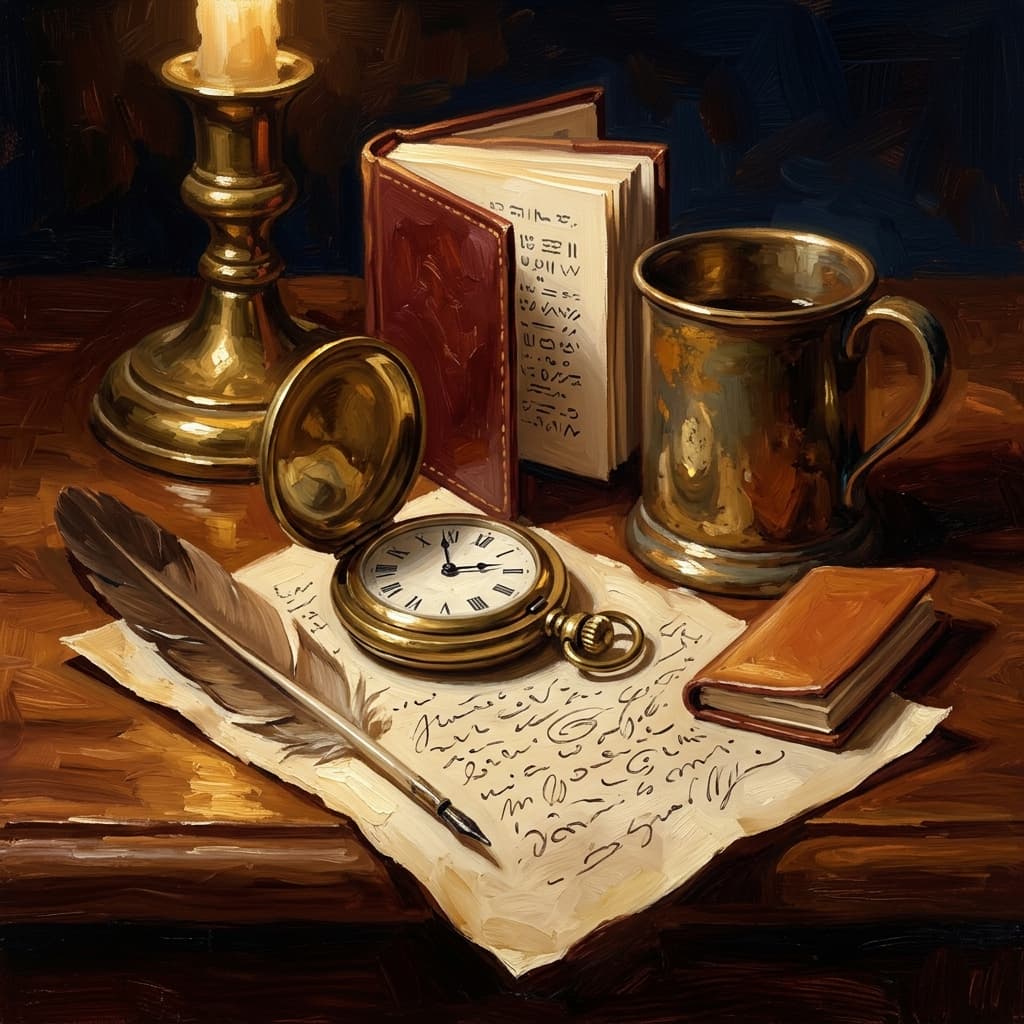 Painterly still-life of an open leather-bound notebook with abstract handwritten daily micro-session entries catching dramatic warm light, a vintage brass pocket watch open beside it suggesting 15-minute intervals, a small leather-bound poetry chapbook open to abstract verse, a tarnished bronze coffee mug, a feather quill resting on a parchment with abstract handwritten close-reading annotations, on a polished walnut wooden surface