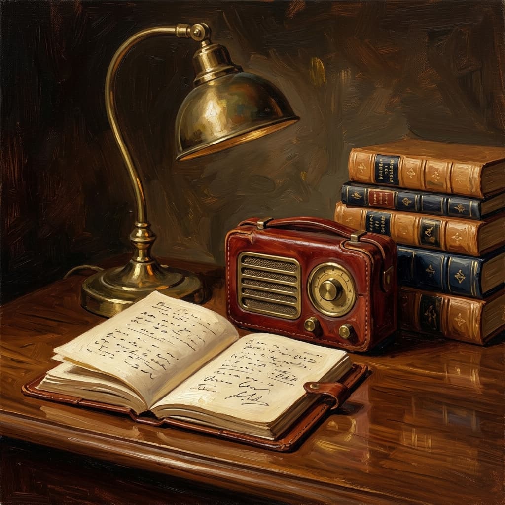 Painterly still-life of an open leather-bound notebook with abstract handwritten resource notes catching dramatic warm light, a vintage leather-cased portable radio suggesting podcast and audiobook audio, a stack of five leather-bound volumes with abstract decorative spines suggesting Poetry Foundation plus Folger Shakespeare plus Project Gutenberg printouts, a brass desk lamp glowing, a ceramic coffee mug, on a polished walnut wooden surface