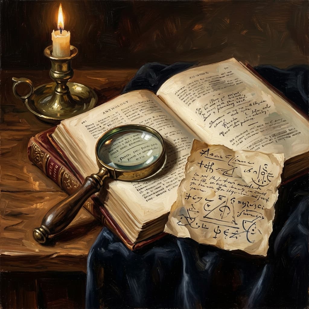 Painterly still-life of an open leather-bound poetry-and-prose anthology showing abstract printed text catching dramatic warm light, a tarnished bronze magnifying glass over a single line, a parchment with abstract handwritten device-annotation notes (arrows and underlines, no readable text), a brass quill, a stack of three smaller leather-bound reference volumes with abstract decorative spines, on a polished walnut wooden surface