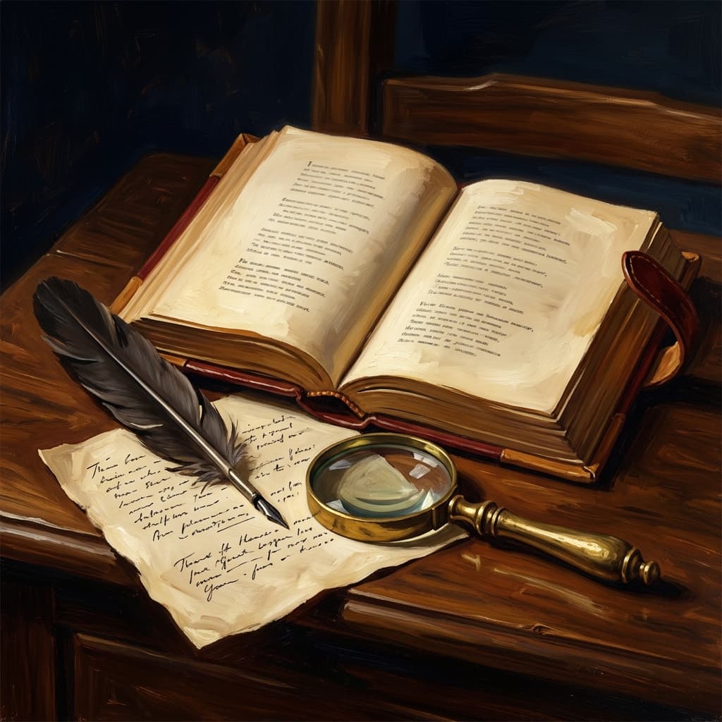 Painterly still-life of an open leather-bound poetry anthology showing abstract printed verse lines catching dramatic warm light, a feather quill resting on a parchment with abstract handwritten close-reading annotations, a tarnished bronze inkwell, a brass magnifying glass over a single short poem, a small bronze laurel-wreath emblem, on a polished walnut wooden surface