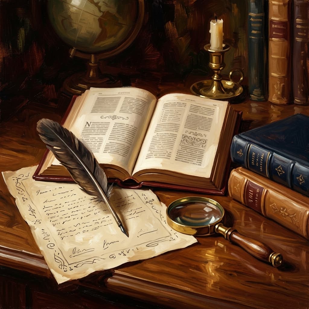 Painterly still-life of an open leather-bound novel showing abstract printed prose pages catching dramatic warm light, a feather quill resting on a parchment with abstract handwritten margin notes on character and narrator, a tarnished bronze inkwell, a stack of three smaller leather-bound novels with abstract decorative spines, a brass magnifying glass, on a polished walnut wooden surface