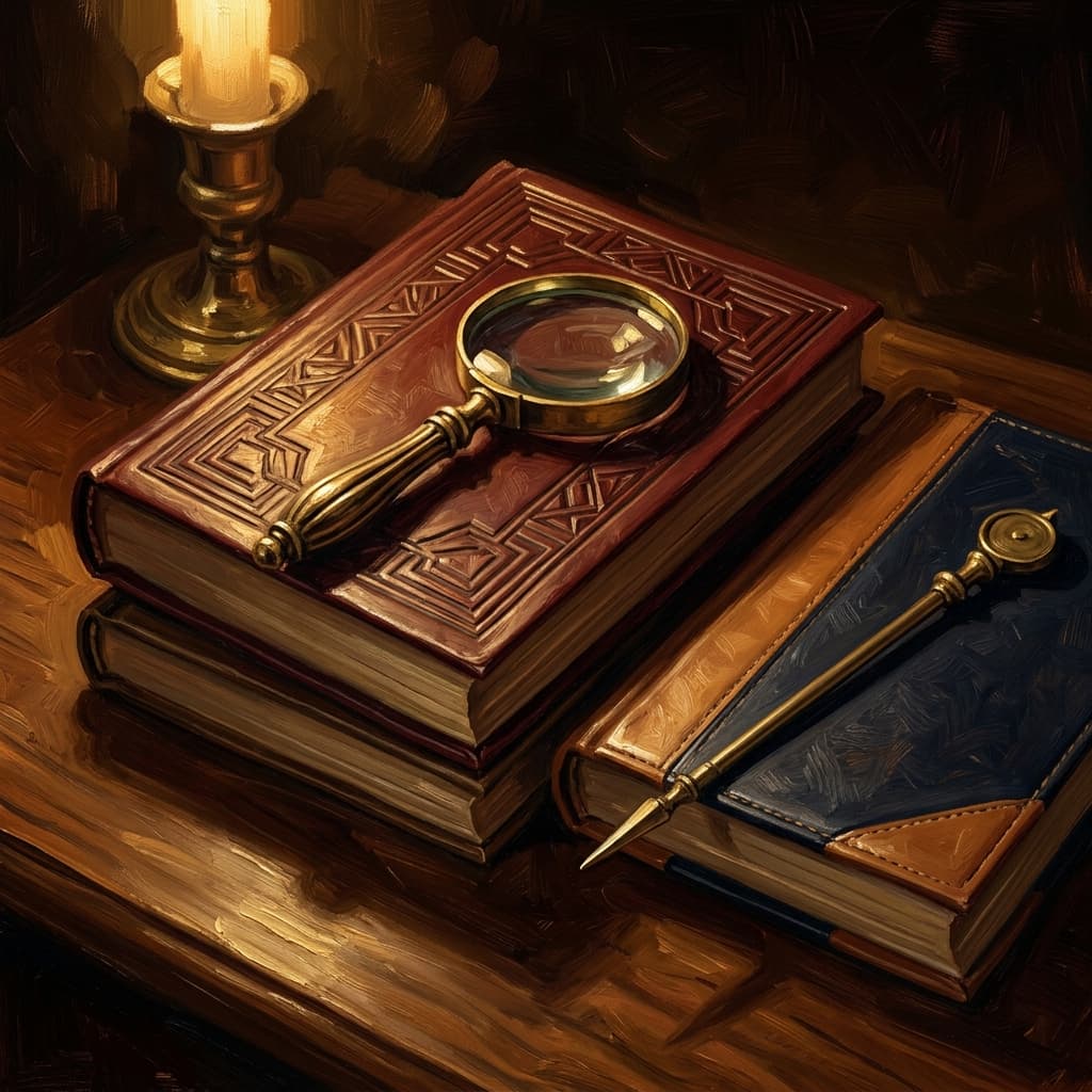 Painterly still-life of two leather-bound English-literature volumes on a polished walnut wooden surface catching dramatic warm light, both with abstract embossed decorative geometric covers, a brass magnifying glass resting on the larger volume suggesting close reading, a brass timeline pointer beside the second volume suggesting historical survey, a feather quill and parchment with abstract handwritten notes