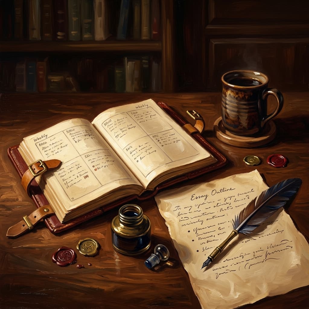 Painterly still-life of an open weekly planner showing four columns of abstract handwritten daily blocks catching dramatic warm light, a feather quill resting on a parchment with abstract handwritten essay outline, a tarnished bronze inkwell, a stack of three leather-bound grammar and composition reference volumes, a brass desk lamp glowing, a ceramic coffee mug, on a polished walnut wooden surface