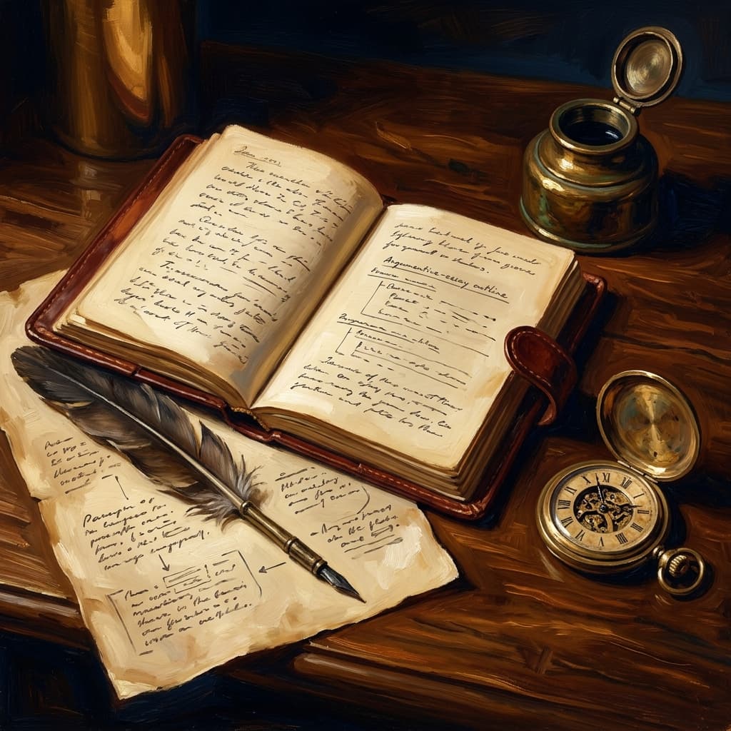 Painterly still-life of an open leather-bound notebook with abstract handwritten argumentative-essay outline catching dramatic warm light, a feather quill resting on a parchment with abstract paragraph-structure annotations and counterargument notes, a tarnished bronze inkwell, a vintage brass pocket watch open beside the notebook, a small bronze laurel-wreath emblem, on a polished walnut wooden surface