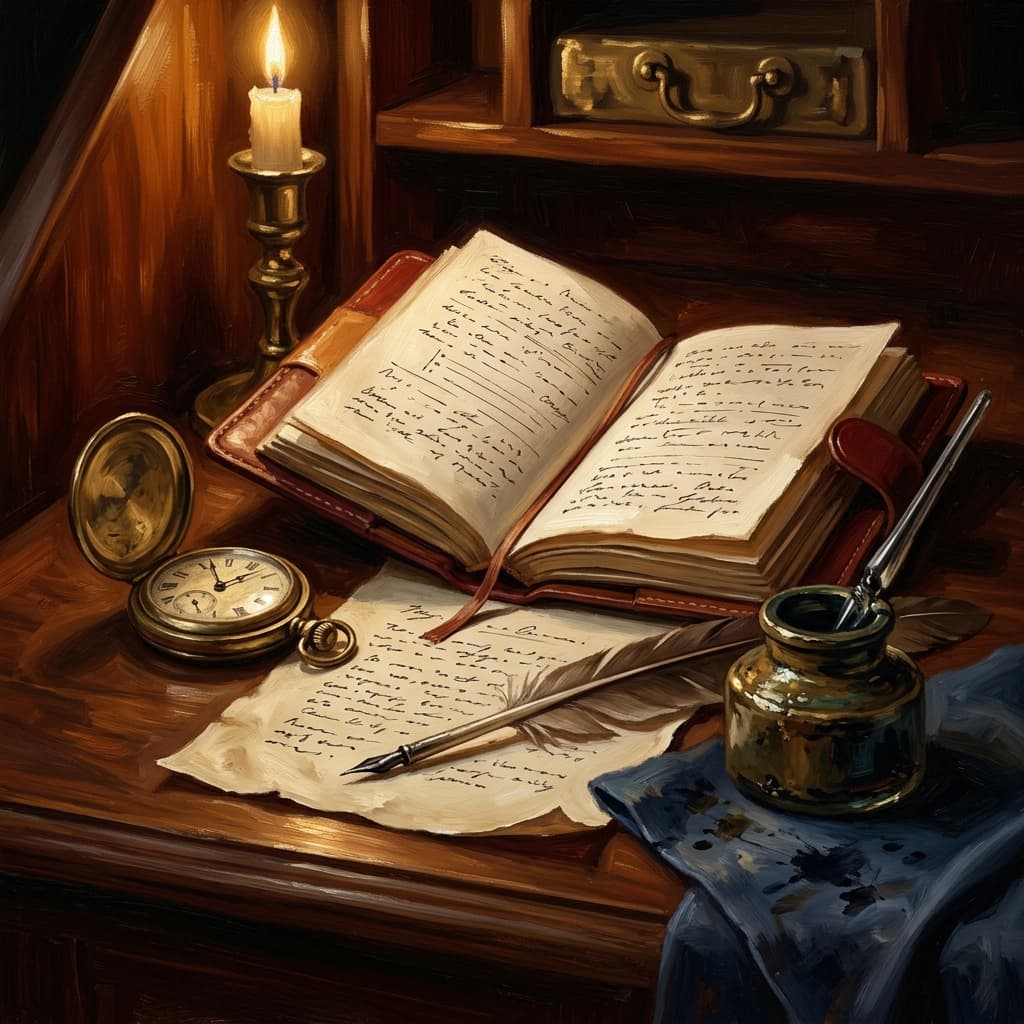 Painterly still-life of an open leather-bound notebook with abstract handwritten essay outline catching dramatic warm light, a vintage brass pocket watch open beside it suggesting the 35-minute clock, a feather quill resting on a parchment with abstract paragraph-structure annotations, a tarnished bronze inkwell, a small stack of three parchment source cards with abstract handwritten excerpts, on a polished walnut wooden surface