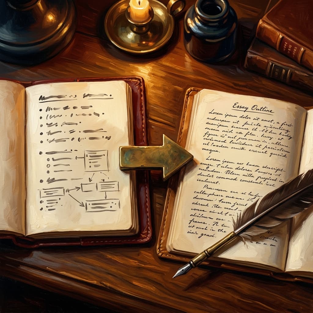 Painterly still-life of two open leather-bound notebooks side by side on a polished walnut wooden surface catching dramatic warm light, the left notebook showing abstract handwritten bullet-pointed workplace notes, the right notebook showing abstract handwritten paragraph-structured argumentative-essay outline, a brass arrow pointing from left to right, a feather quill resting between them, a tarnished bronze inkwell, a brass desk lamp glowing