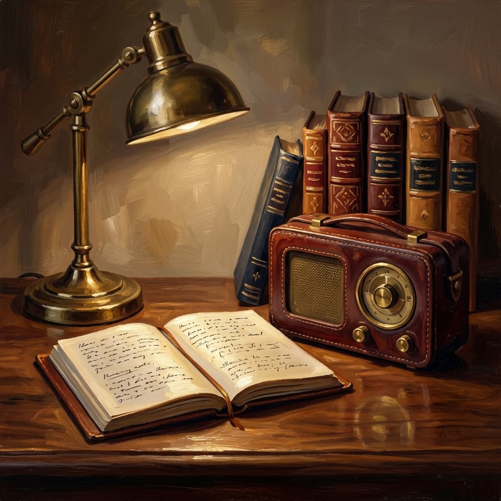 Painterly still-life of an open leather-bound notebook with abstract handwritten resource notes catching dramatic warm light, a vintage leather-cased portable radio suggesting podcast audio, a stack of five leather-bound writing-reference volumes with abstract decorative spines suggesting Purdue OWL plus Strunk and White plus Khan Academy printouts, a brass desk lamp glowing, a ceramic coffee mug, on a polished walnut wooden surface