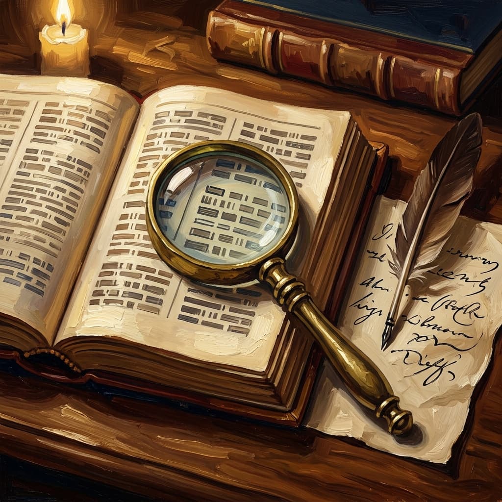 Painterly still-life of an open leather-bound grammar reference volume showing abstract printed rule entries catching dramatic warm light, a brass magnifying glass over a single rule, a feather quill on a parchment with abstract handwritten correction marks, a tarnished bronze inkwell, a stack of three smaller leather-bound usage volumes with abstract decorative spines, on a polished walnut wooden surface