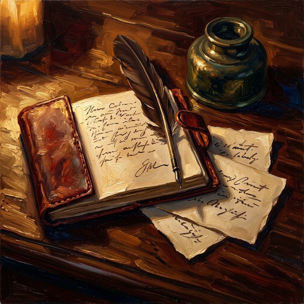 Painterly still-life of an open leather-bound notebook with abstract handwritten synthesis outline catching dramatic warm light, a feather quill resting on a parchment with abstract paragraph-structure annotations, a tarnished bronze inkwell, a small fanned stack of three parchment source cards with abstract handwritten excerpts and underlines, a brass desk lamp glowing, on a polished walnut wooden surface