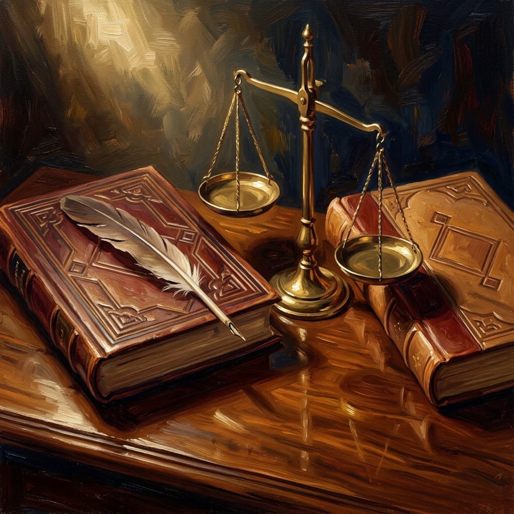 Painterly still-life of two leather-bound composition volumes on a polished walnut wooden surface catching dramatic warm light, both with abstract embossed decorative geometric covers, a brass balance scale resting between them, a feather quill on a parchment with abstract handwritten essay outline beside one volume, a brass desk lamp glowing warmly