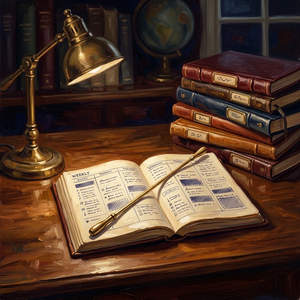 Painterly still-life of an open weekly planner showing five columns of abstract handwritten daily study blocks catching dramatic warm light, a small brass conductor's baton resting on top, a stack of five discipline-tabbed leather-bound notebooks beside it, a brass desk lamp glowing, a ceramic coffee mug, on a polished walnut wooden surface