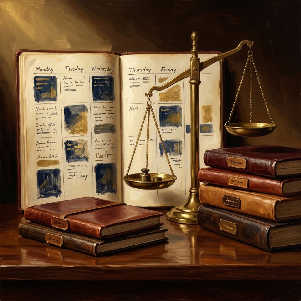 Painterly still-life of an open weekly planner showing six columns of abstract handwritten daily blocks with uneven shading suggesting weighted reallocation catching dramatic warm light, a brass balance scale tipped to one side, a stack of five discipline-tabbed leather-bound notebooks (one closed and three open, suggesting unequal prep), a brass desk lamp, a ceramic coffee mug, on a polished walnut wooden surface