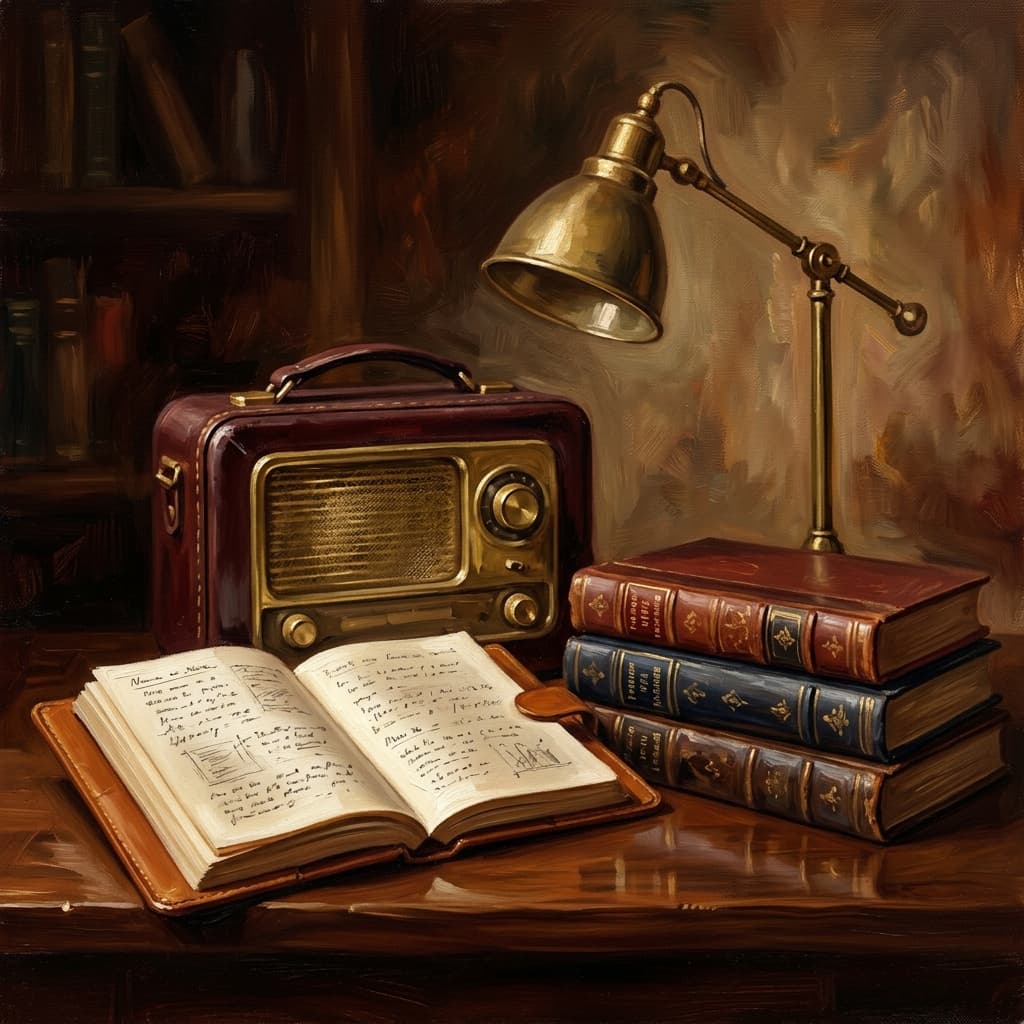 Painterly still-life of an open leather-bound notebook with abstract handwritten resource notes catching dramatic warm light, a vintage leather-cased portable radio suggesting podcast audio, a stack of five leather-bound textbook volumes with abstract decorative spines suggesting Smarthistory plus the Norton Anthology plus the SEP plus Project Gutenberg printouts, a brass desk lamp glowing, a ceramic coffee mug, on a polished walnut wooden surface