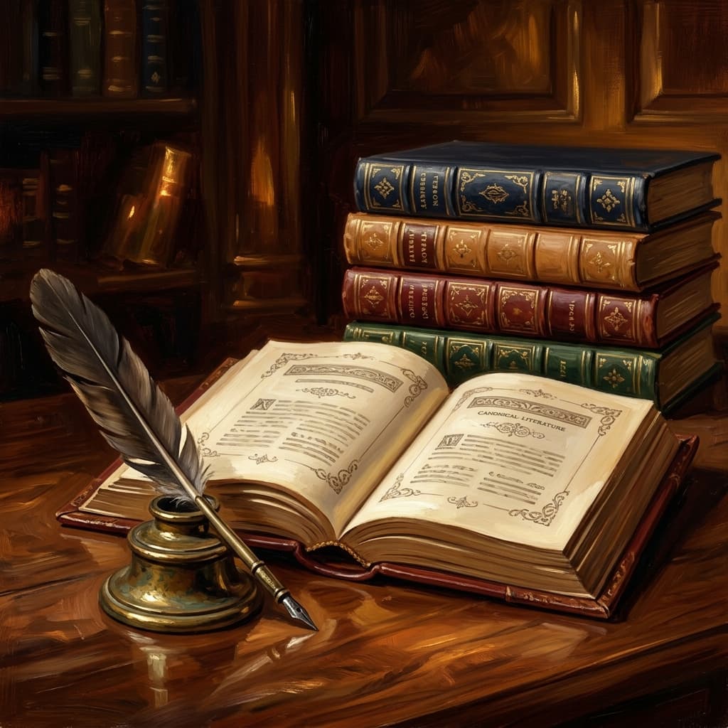 Painterly still-life of a leather-bound canonical-literature folio open showing abstract printed pages catching dramatic warm light, a feather quill resting beside a parchment with abstract handwritten author notes, a tarnished bronze inkwell, a stack of three smaller leather-bound novels with abstract decorative spines, a small bronze laurel-wreath emblem, on a polished walnut wooden surface