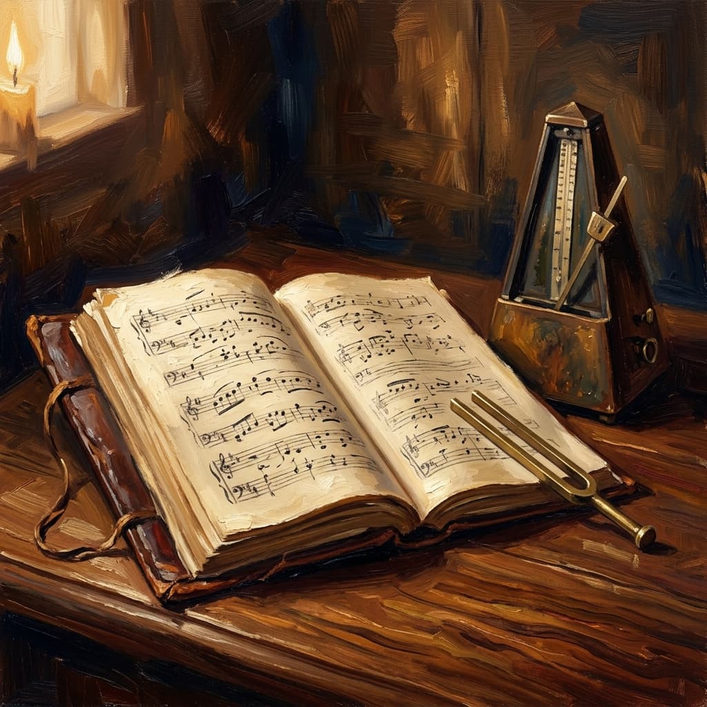 Painterly still-life of an open leather-bound music score showing abstract handwritten staff lines and notation catching dramatic warm light, a small brass tuning fork resting on top, a vintage brass-bell music stand silhouette in the background, a leather-bound history-of-music notebook open beside it, a tarnished bronze metronome, on a polished walnut wooden surface