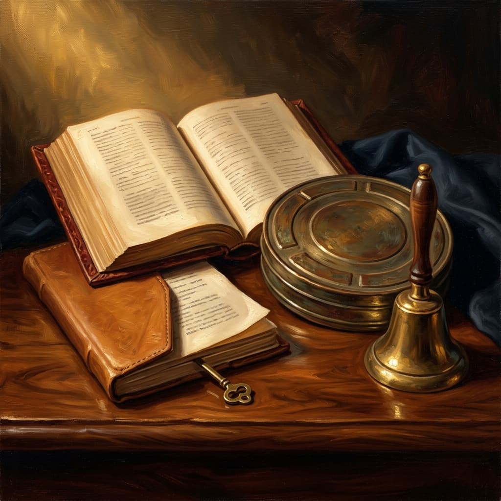 Painterly still-life of an open leather-bound philosophy volume showing abstract printed pages catching dramatic warm light, a folded leather-bound playscript with a brass bookmark, a tarnished bronze film-reel canister, a brass theatrical-stage bell, a leather-bound notebook with abstract handwritten era notes, on a polished walnut wooden surface
