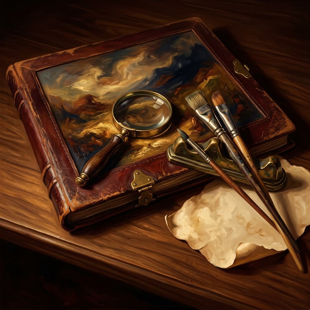 Painterly still-life of an open leather-bound art history portfolio with abstract painted reproductions of canonical landscape and still-life works catching dramatic warm light, a brass magnifying glass resting on top, a tarnished bronze paint-brush rest with three brushes, a small bronze vessel suggesting an inkwell, a fanned set of three small parchment cards with abstract era notes, on a polished walnut wooden surface