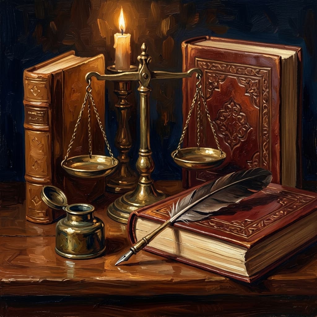 Painterly still-life of two leather-bound humanities volumes on a polished walnut wooden surface catching dramatic warm light, both with abstract embossed decorative geometric covers, a brass balance scale resting between them, a brass magnifying glass beside one volume suggesting close reading, on the polished walnut wooden surface