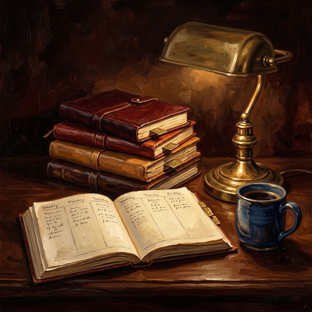 Painterly still-life of an open weekly planner showing four columns of abstract handwritten daily blocks catching dramatic warm light, a stack of four discipline-tabbed leather-bound notebooks beside it (planning, organizing, leading, controlling), a brass desk lamp glowing, a ceramic coffee mug, a vintage brass balance scale suggesting management balance, on a polished walnut wooden surface