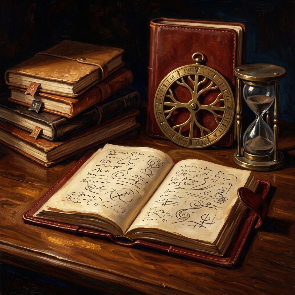 Painterly still-life of an open leather-bound decision-making notebook with abstract handwritten model annotations catching dramatic warm light, a brass branching dial suggesting a decision tree, a tarnished bronze hourglass, a stack of four smaller leather-bound notebooks tabbed by abstract decorative tabs suggesting groupthink, biases, and decision conditions, on a polished walnut wooden surface