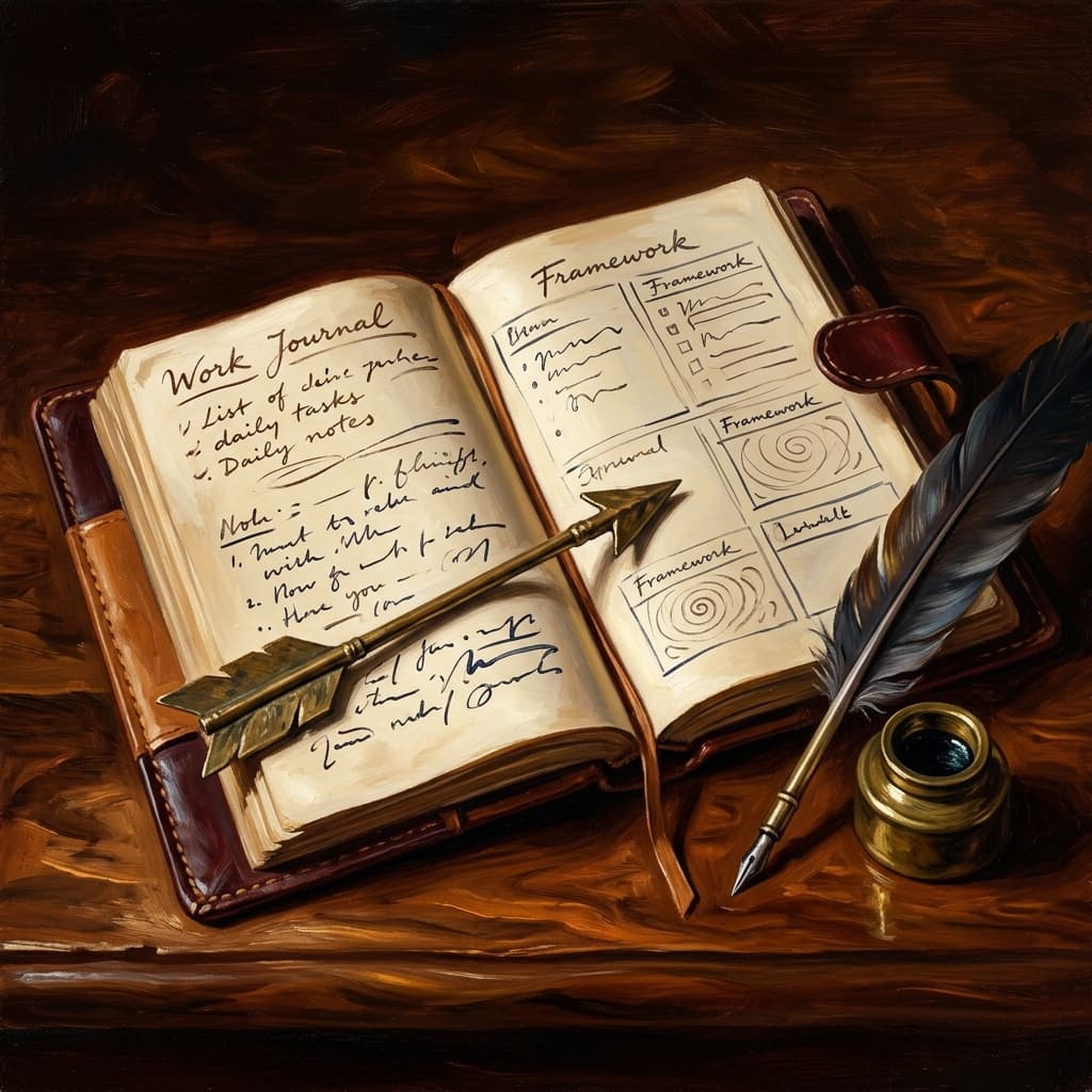 Painterly still-life of an open leather-bound work journal showing abstract handwritten daily-task entries on the left page and corresponding abstract handwritten framework-name labels on the right page catching dramatic warm light, a brass arrow pointing from left to right, a feather quill resting on a parchment with abstract organizational-chart annotations, a tarnished bronze inkwell, a brass desk lamp glowing, on a polished walnut wooden surface