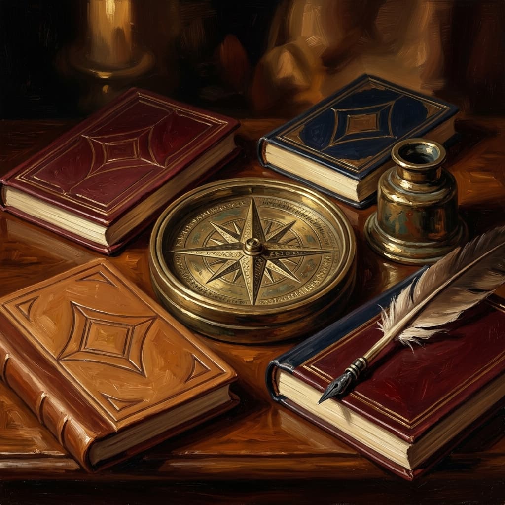 Painterly still-life of a brass four-quadrant compass rose on a polished walnut wooden surface catching dramatic warm light with four leather-bound business notebooks arranged around it labeled by abstract decorative geometric covers, a feather quill resting on the planning notebook, a tarnished bronze inkwell, a brass desk lamp glowing