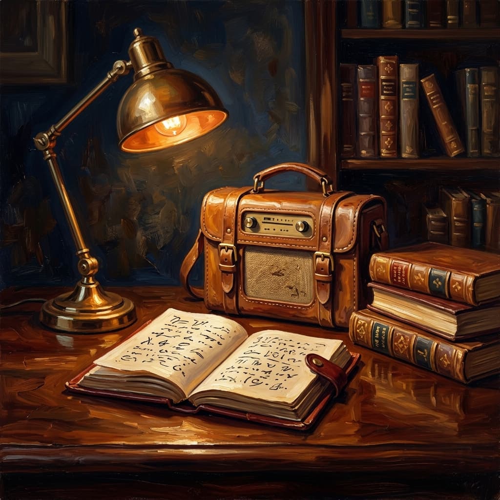 Painterly still-life of an open leather-bound notebook with abstract handwritten resource notes catching dramatic warm light, a vintage leather-cased portable radio, a stack of five leather-bound management-reference volumes with abstract decorative spines suggesting OpenStax plus HBR plus OpenLearn, a brass desk lamp glowing, a ceramic coffee mug, on a polished walnut wooden surface