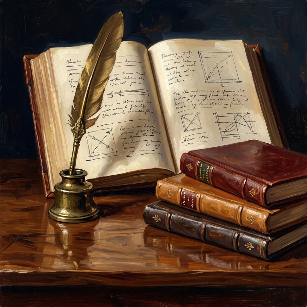 Painterly still-life of an open leather-bound psychology and management volume showing abstract handwritten theorist notes catching dramatic warm light, a stack of three smaller leather-bound theory-tabbed notebooks with decorative leather tabs (motivation, leadership, decision-making), a brass quill resting beside them, a tarnished bronze inkwell, a brass desk lamp glowing, on a polished walnut wooden surface