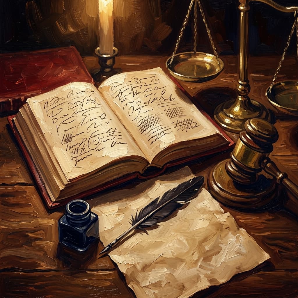 Painterly still-life of an open leather-bound management volume showing abstract handwritten change-model notes catching dramatic warm light, a brass balance scale tipped slightly to suggest ethical weighing, a tarnished bronze gavel resting beside the volume, a feather quill on a parchment with abstract ethical-framework annotations, a stack of two smaller leather-bound notebooks, on a polished walnut wooden surface